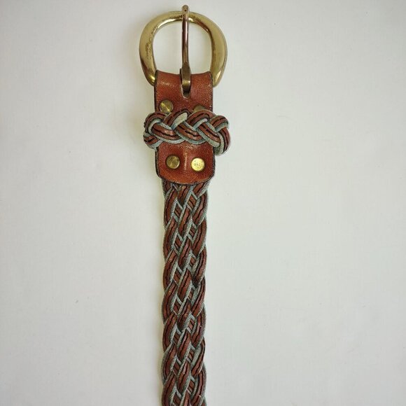 Vintage LEVI'S Hand Braided Leather & Denim Belt Orange Tab Brass Buckle Sz 32 - Picture 6 of 13